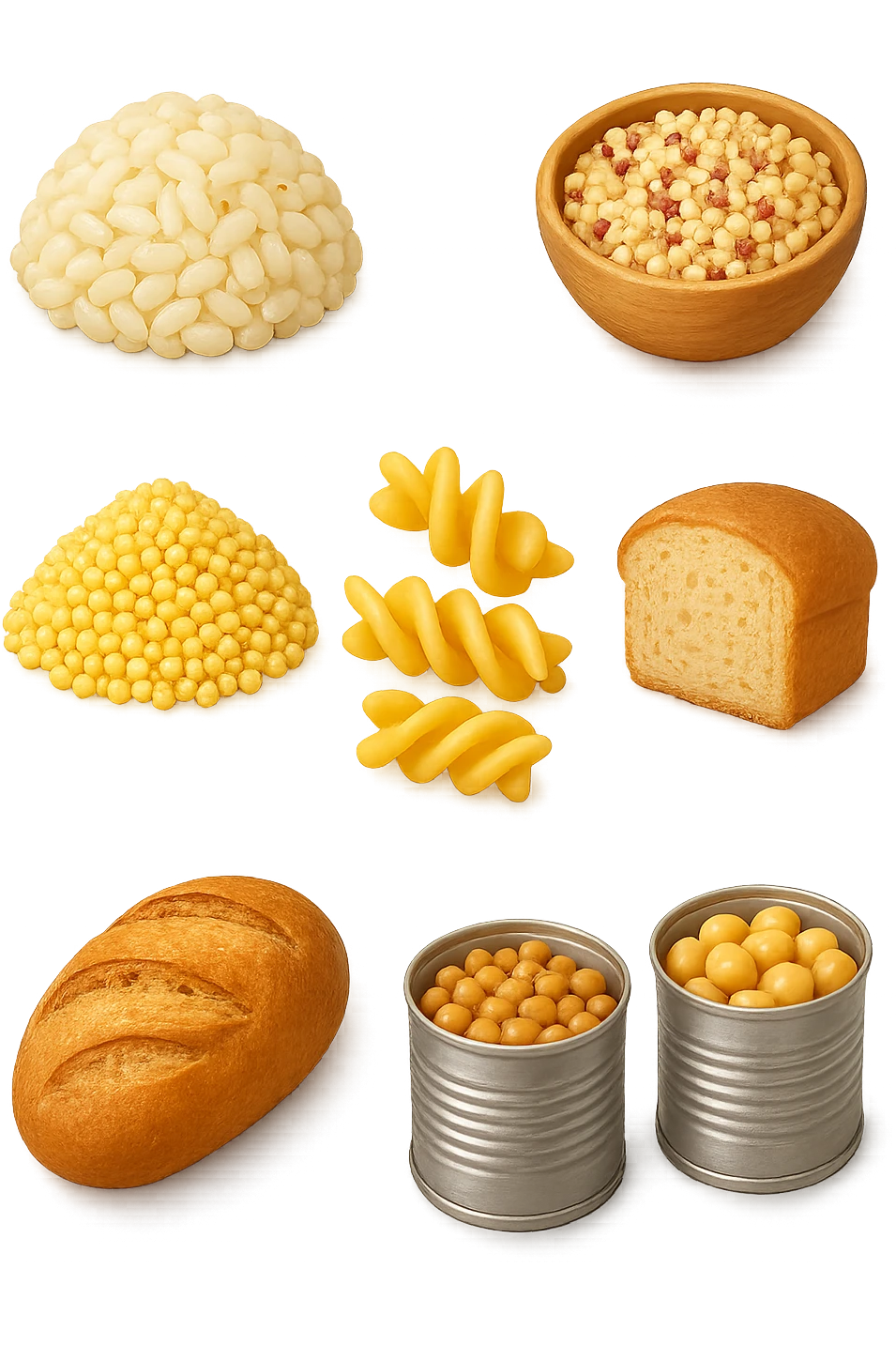 emoji stile iphone 3d di questi elementi che fluttuano in aria:

Riso, quinoa, avena, miglio, couscous senza glutine
Pasta e pane gluten-free
Farro a lievitazione lunga
Lenticchie e ceci in scatola

 che fluttuano in aria, iperealistico 4k emoji