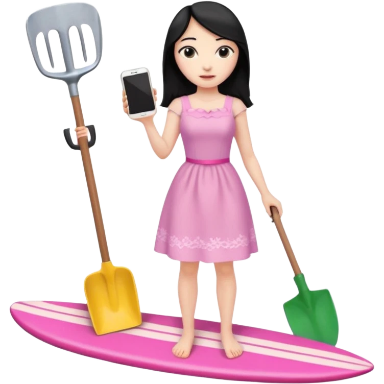 Princess who wearing dress (woman) black hair holding her cellphone and a garden shovel with another hand. She is standing on her feet, there is one pink surfing board. emoji