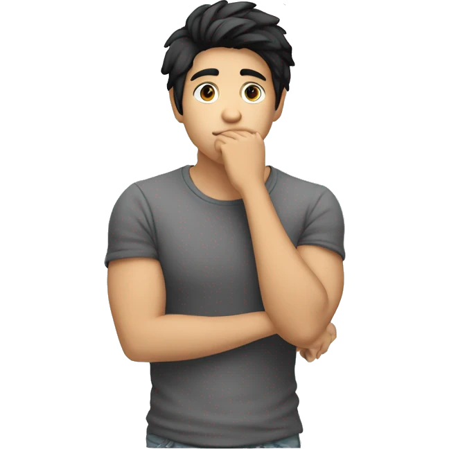 thinking with his hand on chin white young male with black hair without body just face and hand emoji