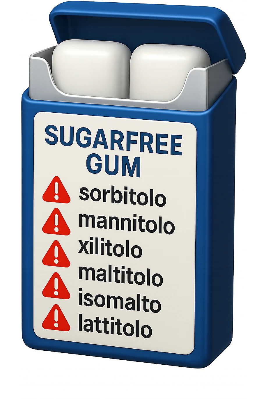 SU QUESTO STILE FAI UN EMOJI STILE IPHONE 3D DI UN pacchetto di gomme senza zucchero con ETICHETTA CON GLI INGREDIENTI SCRITTI, "sorbitolo, mannitolo, xilitolo, maltitolo, isomalto, lattitolo" accanto ad ogni nome scritto mettici un segnale di allarme, FALLO MOLTO REALISTICO IN 3D emoji