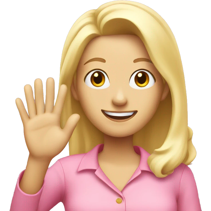 blonde woman in pink blouse smiling and waving her hand emoji