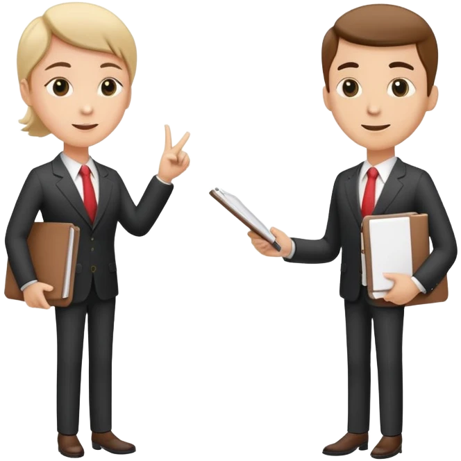 two team members facing each other, one holding a notepad and the other gesturing, in a collaborative pose emoji