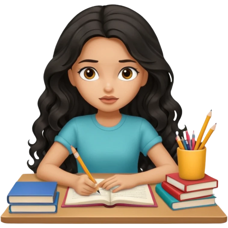 a pretty tan bratz girl with black wavy long hair studying. Pile of books on the table. No glasses. Looks tired emoji