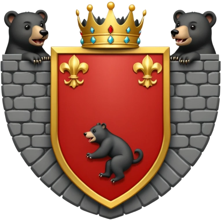 The coat of arms shows on a silver (white) shield, a black bear rampant with tongue and claws in red. On the shield rests a golden five leaved crest coronet, whose tiara of brickwork is provided with a gate in the center. emoji