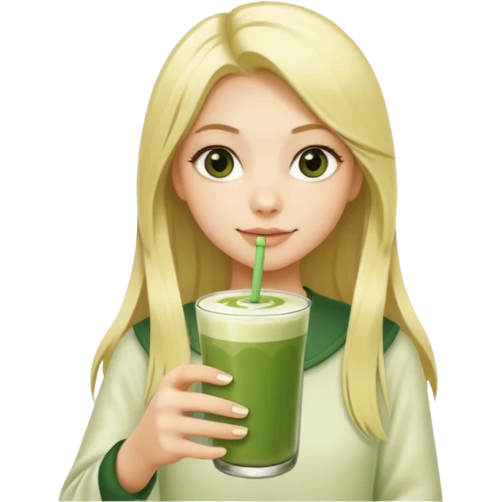 A blonde girl with long hair offers a glass of matcha latte with two straws emoji