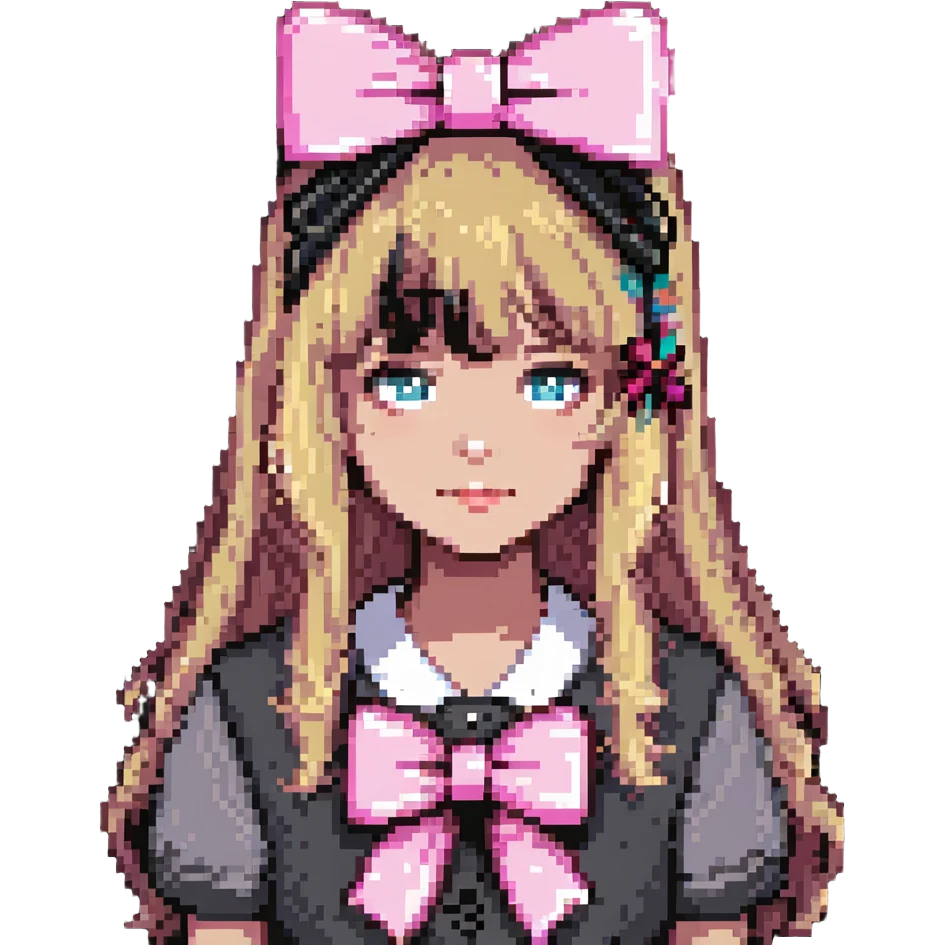 zombie girl with bangs, medium light hair and a pink bow emoji