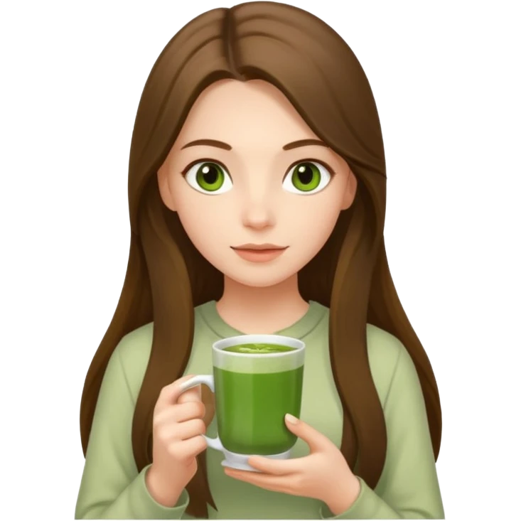 white long brunette hair girl with hazel eyes wearing light who is holding matcha emoji