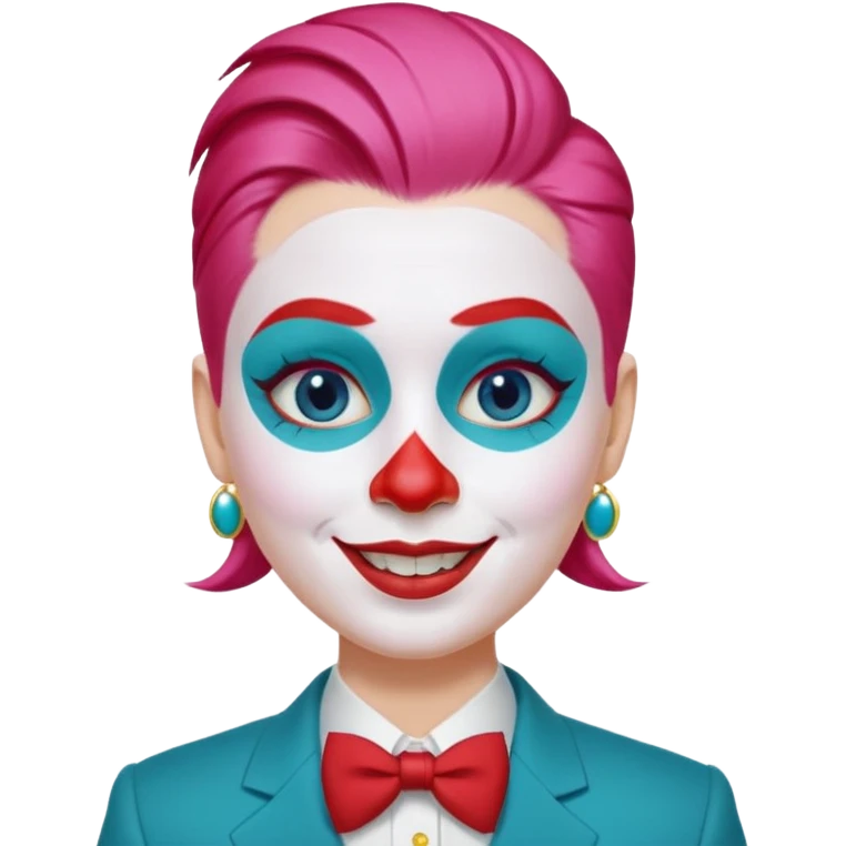 Pink slicked-back hair.

White face paint with blue eyebrows and eye makeup.

Big red nose and wide smile with red lipstick.

Wearing a teal suit with a yellow shirt and red buttons. emoji