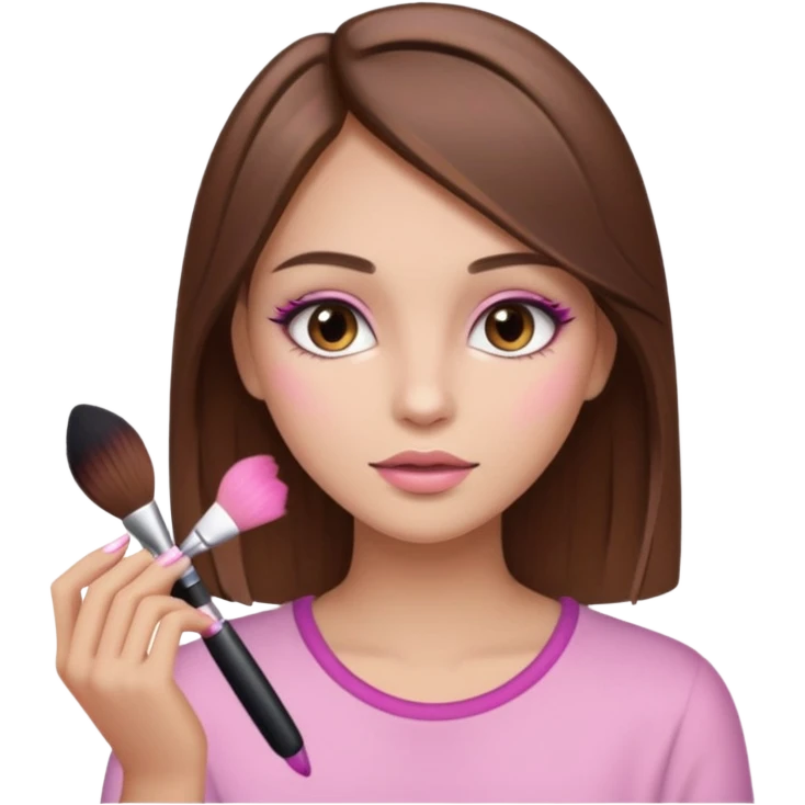 Light brunette girl, with straight brown hair with light pink highlights, putting on makeup emoji