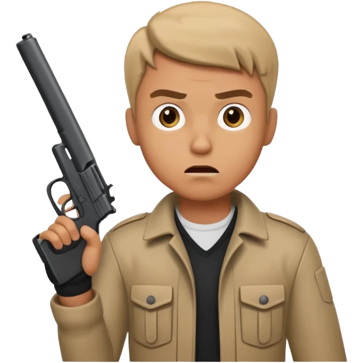 male rebel holding a gun, looking scared emoji