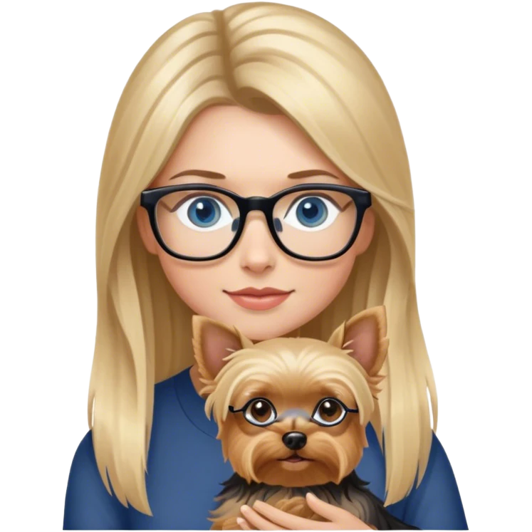 Hyper Photo Realistic Blonde balayage long hair women with blue eyes wearing glasses holding a Yorkshire terrier  emoji