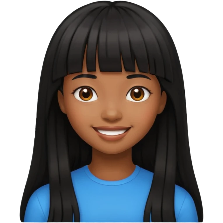 black girl with long black hair with bangs, happy emoji