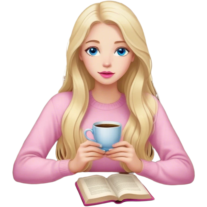 cinematic realistic blonde with long hair, blue eyes, pink lips, sitting in a cozy atmosphere, reading a book, next to the table is a cup of coffee with delicate floral ornaments emoji