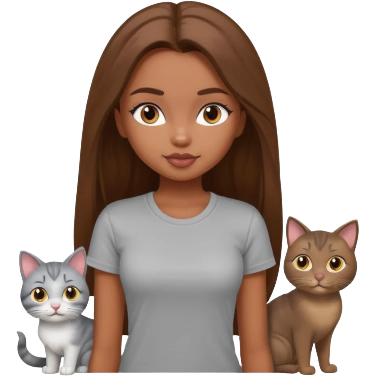 a pretty bratz dusky girl with long brown hair with four cats nd wearing a grey tshirt emoji