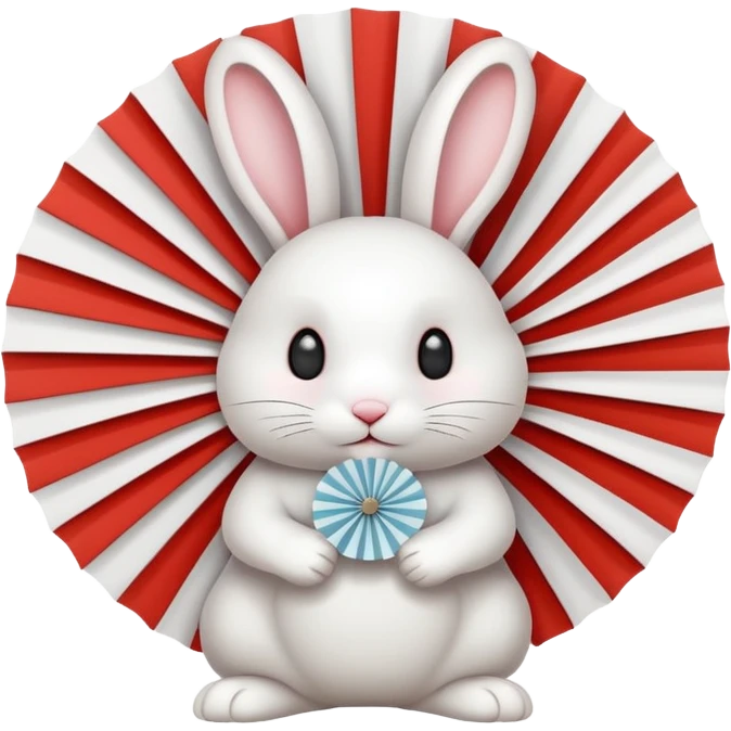 A rabbit hiding playfully behind a small patterned fan. emoji