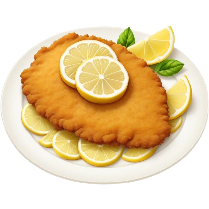 Cinematic Realistic Veal Schnitzel Dish Emoji, depicted as a golden, breaded veal cutlet served with lemon rendered with crisp textures and inviting, natural lighting. emoji