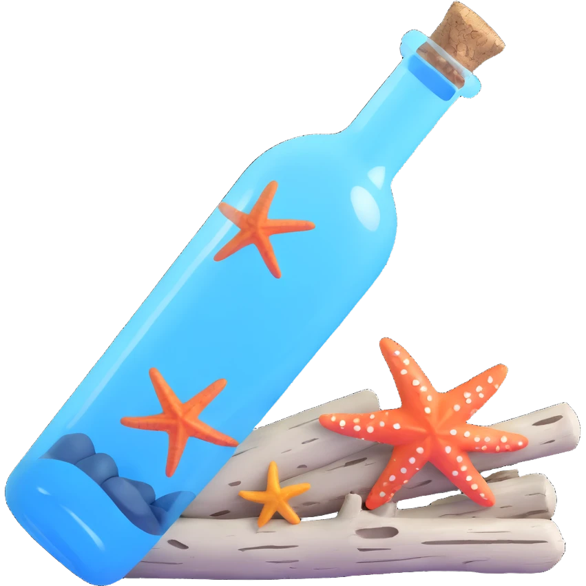 blue ticket inside a bottle, washed ashore with starfish and driftwood emoji