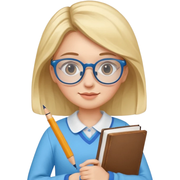 cute girl, glass, smart, Sky-blue colored clothing,
holding a book in one arm and a pen in the other hand.Holding a pen in the right hand as if teaching.Wearing glasses, with a smart and bright-looking face. emoji