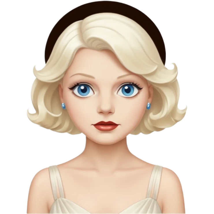 Jean Harlow with blue eyes, platinum blonde hair, ivory outfit emoji