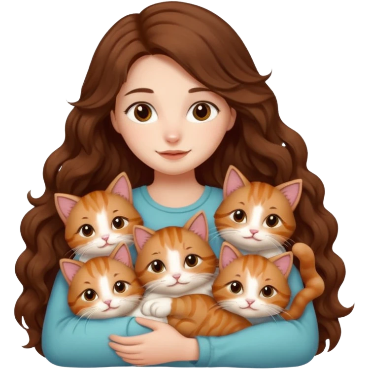 girl with long wavy brown hair cuddling with 6 cute cats emoji