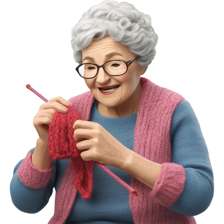 Create a 3d hyper realistic photo of a senior woman knitting  emoji