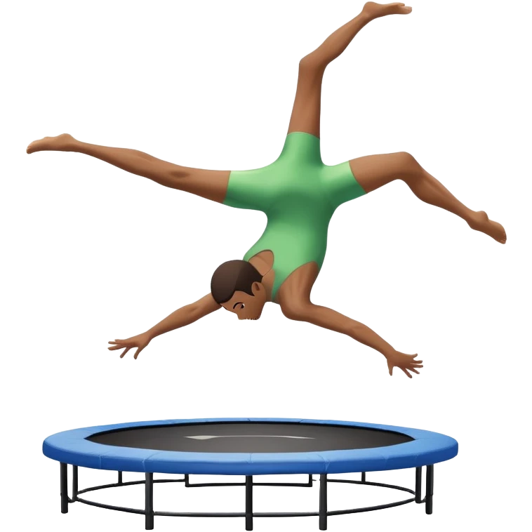 An athletic person soaring high above a trampoline, executing an acrobatic flip with perfect form. The scene captures motion and energy, with a dynamic pose, stretched limbs, and a focused expression. The background suggests a professional trampoline arena with safety padding. emoji