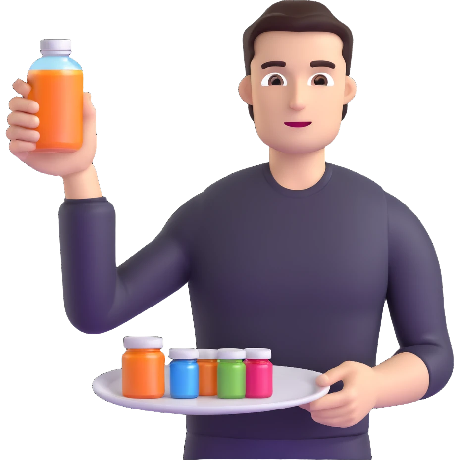 person holding a supplement bottle and looking at an empty plate emoji
