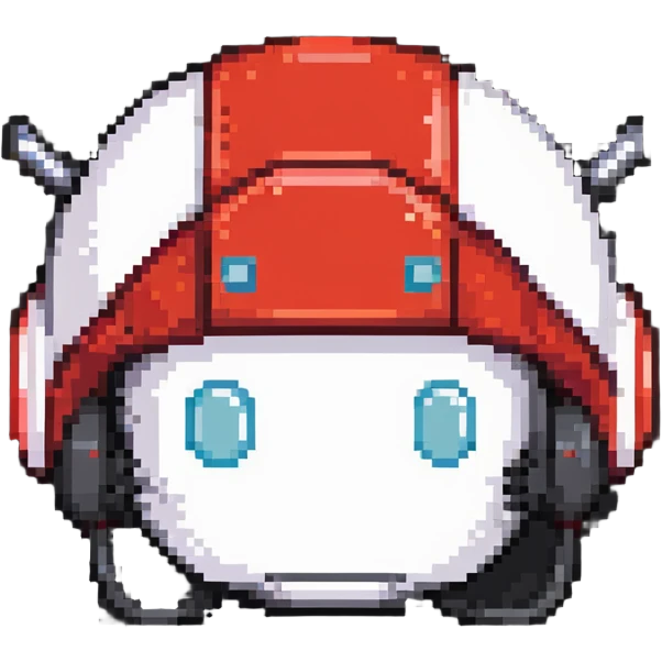 Red bomberman head only, round helmet with antenna, white face with determined eyes, pixel art style emoji