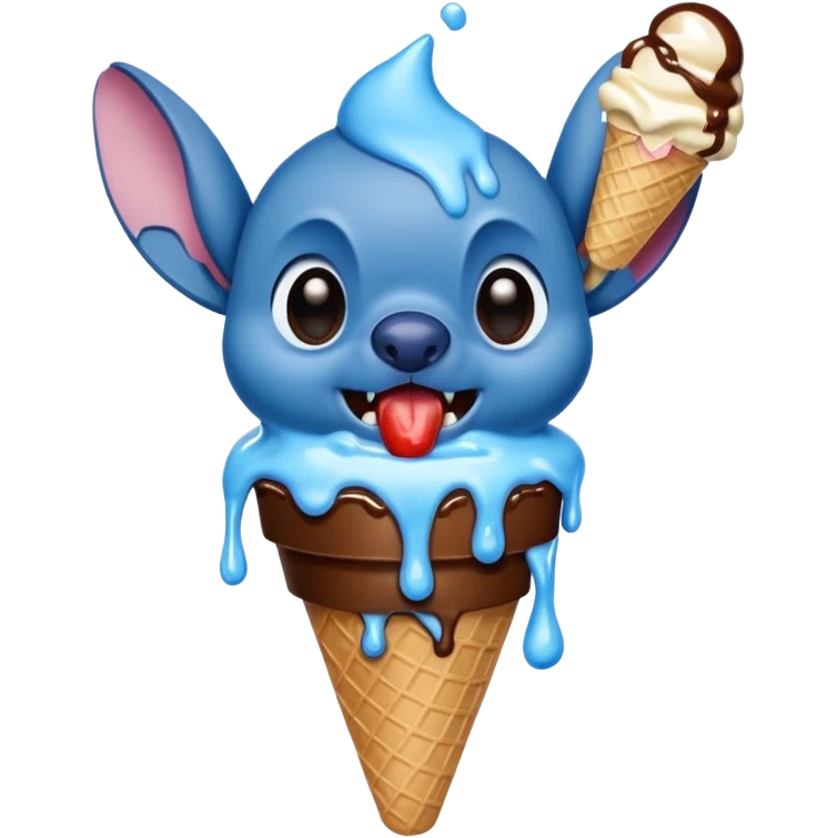 Stitch the blue alien from Lilo & Stitch eating a melting ice cream emoji