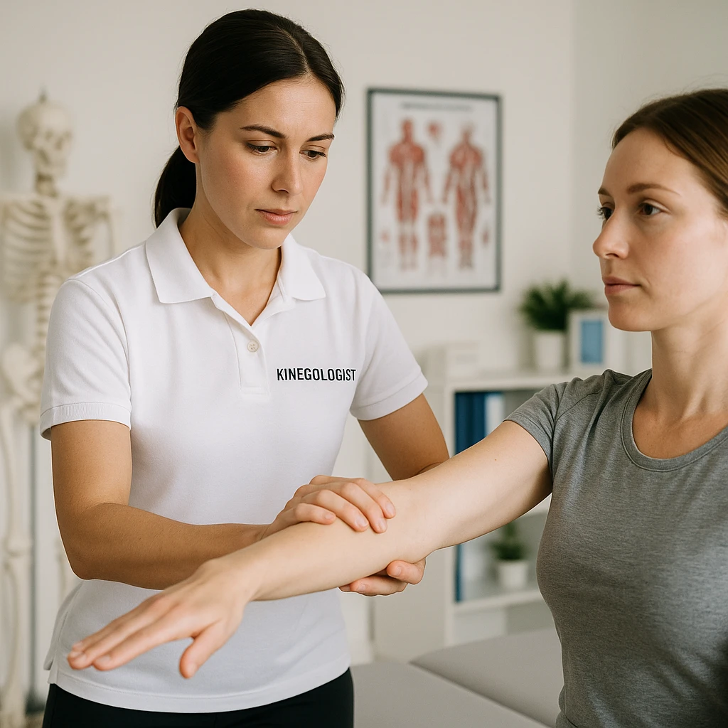 realistic image of a kinesiologist performing a manual muscle test on a patient in a professional environment with clinical details and evaluation posture emoji