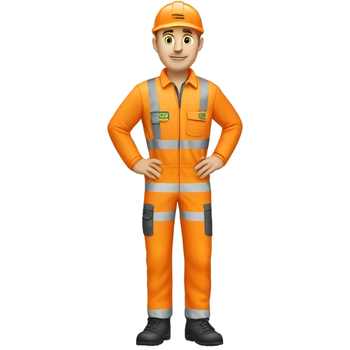 Caucasian male standing wearing orange hi visibility overalls  emoji