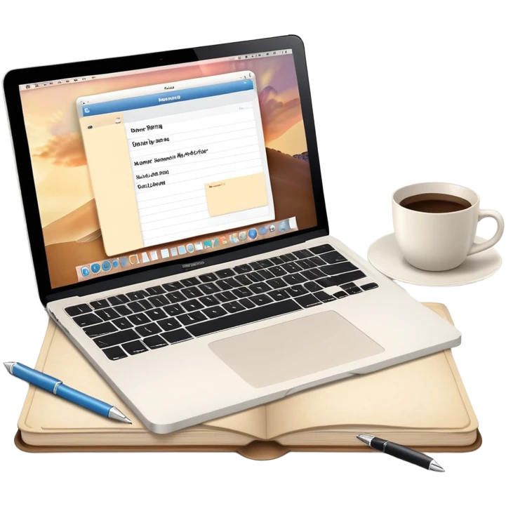 MacBook with booking app open beside vintage paper notebook and pen emoji