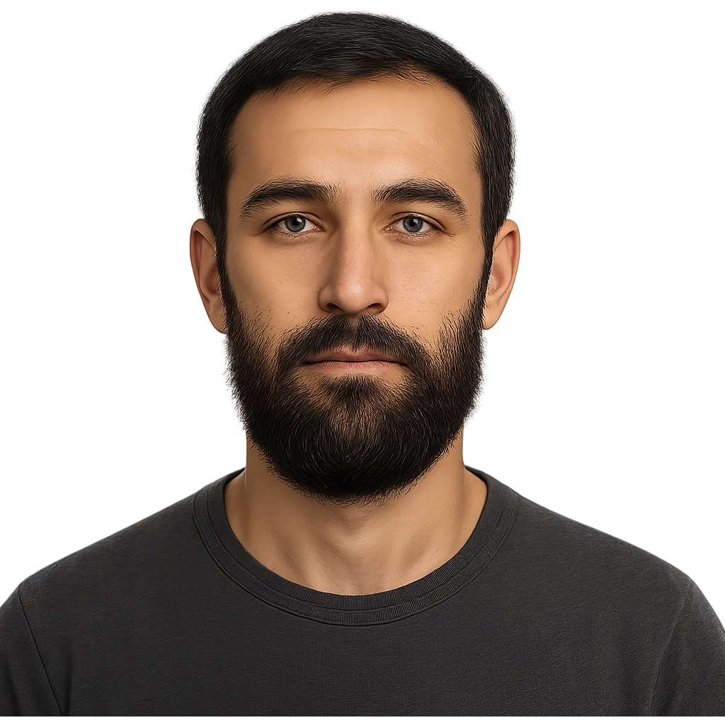 A Tajik man with a slender build, oval face, broad forehead, straight nose, expressive brown eyes, thick eyebrows, dark straight hair, warm-toned skin, and a bigger, neatly kept beard emoji