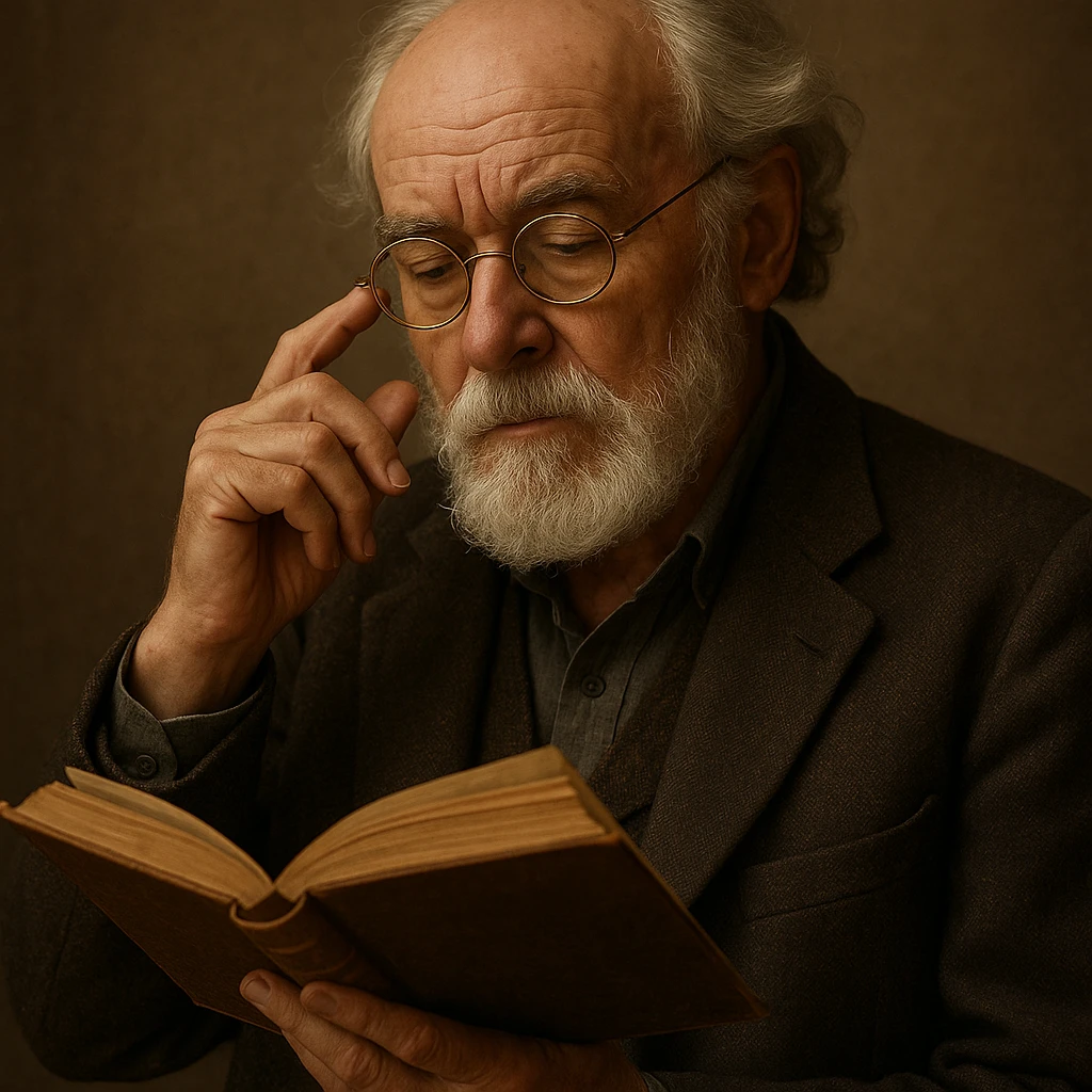 an elderly poet, round golden glasses, white beard, book in hand, intellectual and contemplative vibe emoji