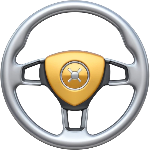 A futuristic steering wheel emoji made of silver chrome, minimal geometric design, smooth metallic surface, soft reflections, iOS emoji style, centered, clean white background emoji