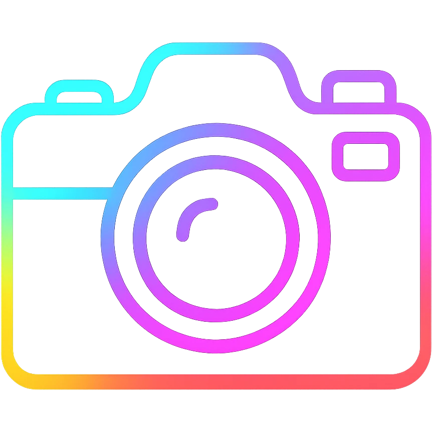 A camera icon with vibrant neon colors and glowing outlines emoji