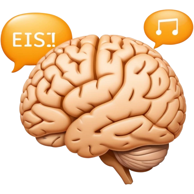 Natural Language Processing, brain with text analysis, speech bubbles with data parsing emoji