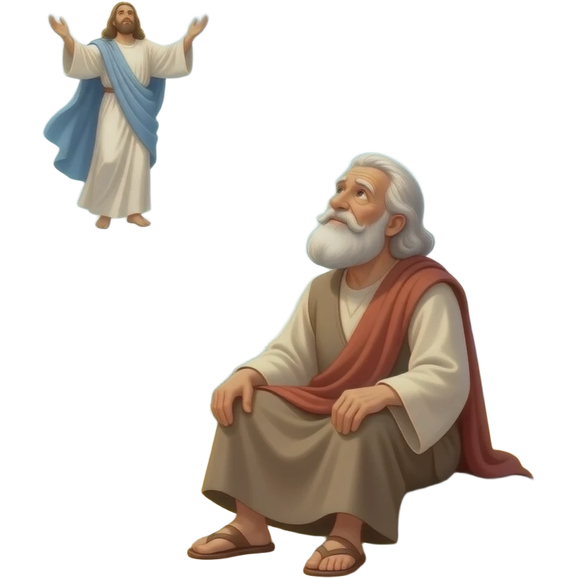 A full bodied man in his 80’s from biblical times is sitting out in the wilderness looking up at the sky as he speaks to an old man in the sky that is God emoji