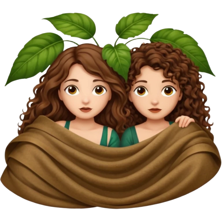 fake sleep pose — long wavy brown hair tattooed woman and short tight curly brown hair woman — peeking under leaf blanket emoji