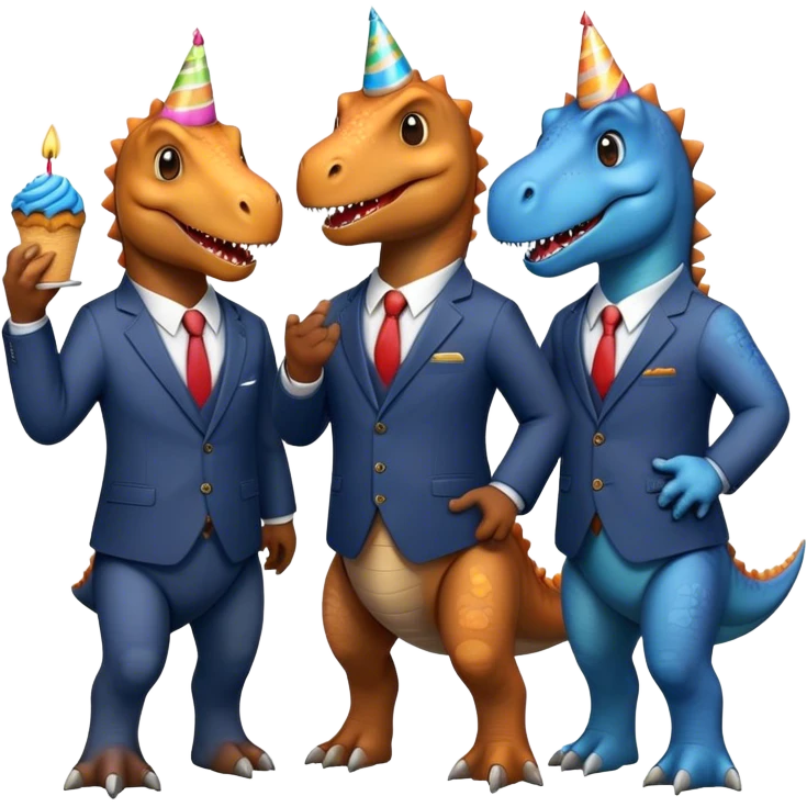 three office dinosaurs in office suits celebrating birthday emoji