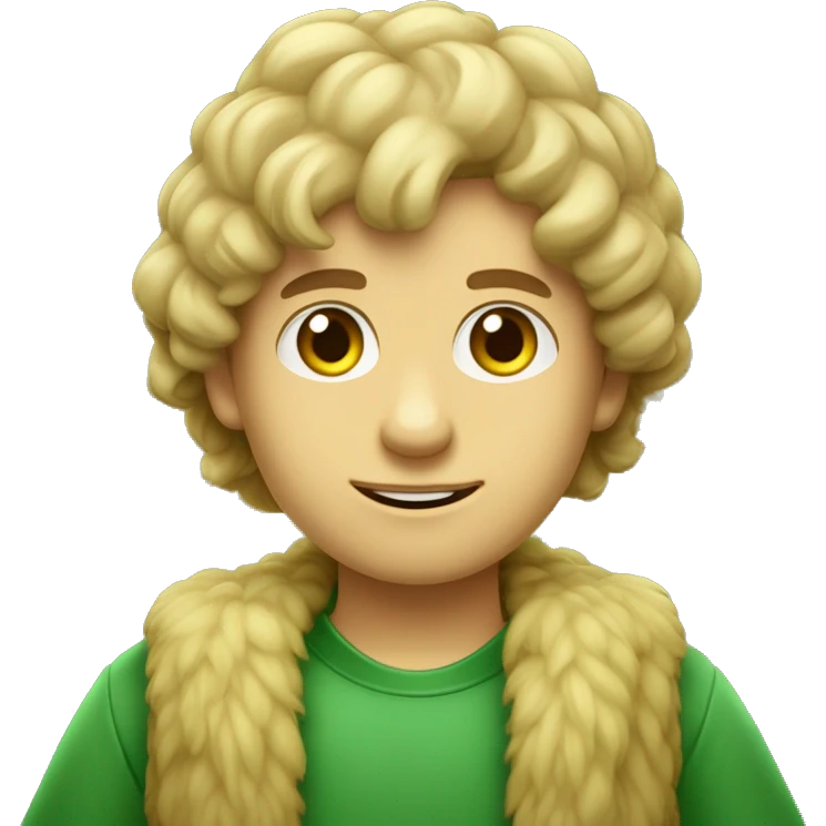 um menino de cabelo liso amarelo de olhos castanhos com roupa verde e pele beje clara emoji