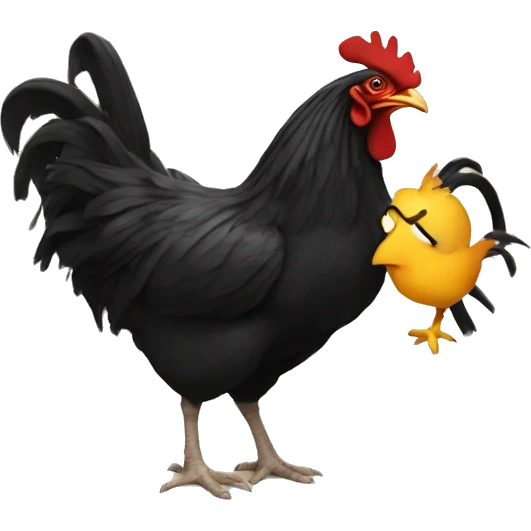 A chicken attacking a man with black curly hair emoji