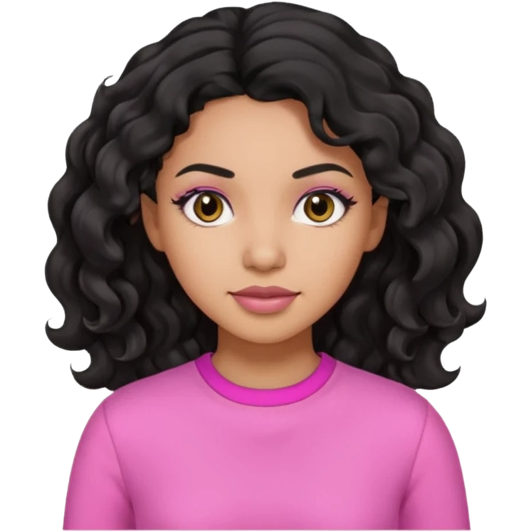 A mixed woman with black wavy hair and black eyes wearing pink emoji