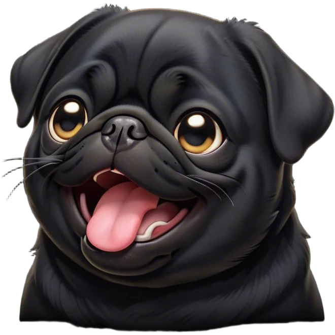 Cinematic Cute Yawning Black Pug Portrait Emoji, Head tilted slightly with a dramatic, wide-open yawn, showcasing a smooth black coat with a velvety texture, floppy ears slightly drooping, round dark eyes barely open in drowsy contentment, Simplified yet irresistibly adorable features, highly detailed, glowing with a soft, cozy glow, high shine, relaxed yet expressive, stylized with a touch of whimsy, bright and endearing, soft glowing outline, capturing the essence of a sleepy yet affectionate companion, so drowsy it feels like it could stretch out of the screen and curl up for a nap! emoji