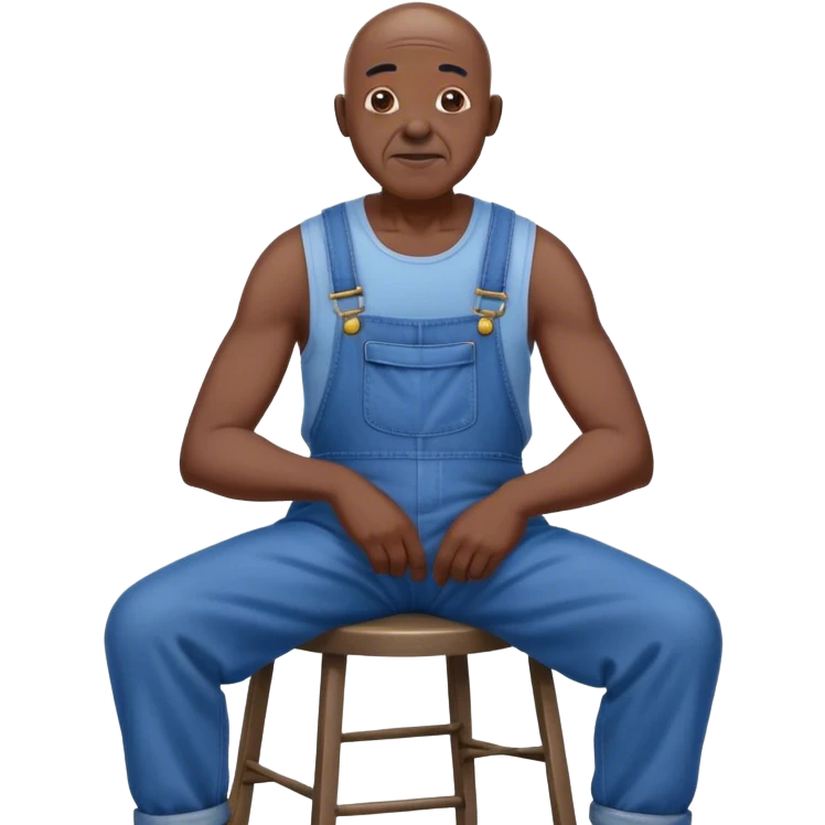 Old bald black man sitting on stool wearing overalls emoji