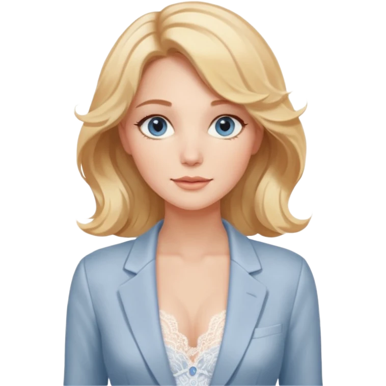 A gentle woman with fair skin, wavy honey-blonde hair, and calm gray-blue eyes. She wears blush lace lingerie and a white blazer, radiating soft confidence and warmth. emoji