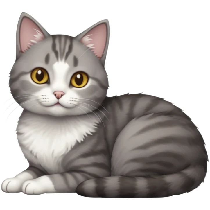 full body tiny short hair dark grey and white cat with hazel eyes lying down emoji