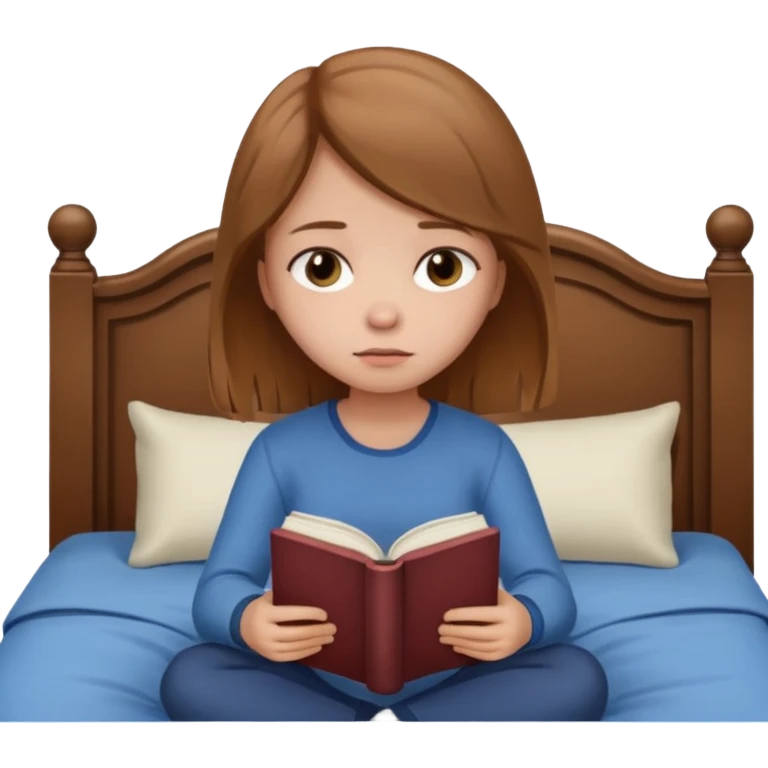 Девушка со светлыми русыми волосами сидит на кровати грустная с книжкой emoji