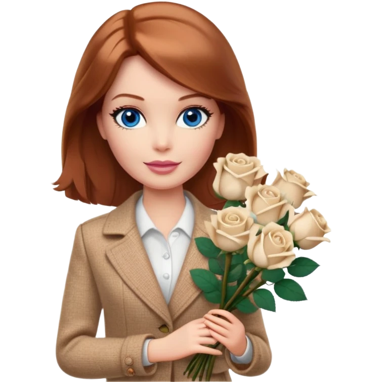 A Barbie girl with blue eyes, shoulder-length reddish-brown hair, made-up, wearing a beige tweed jacket and a beige skirt, with a bouquet of white of nine roses emoji