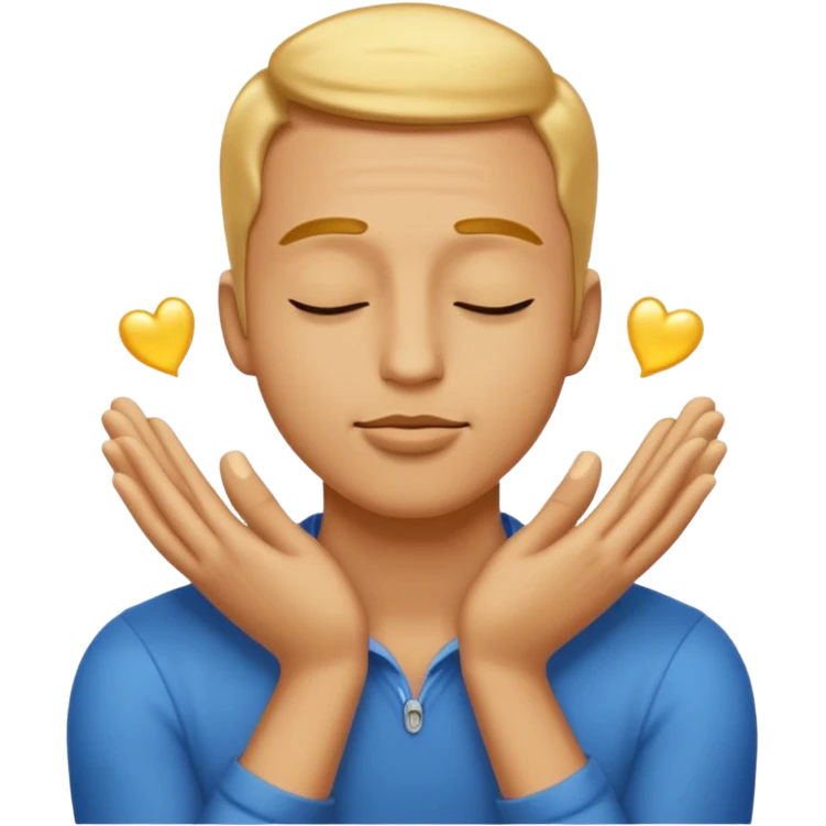 slightly masculine emoji character eyes closed kissing their own golden glowing hands with proud warm playful expression, clean lines, bold colors, smooth shading, minimal details, high readability, white or transparent background emoji